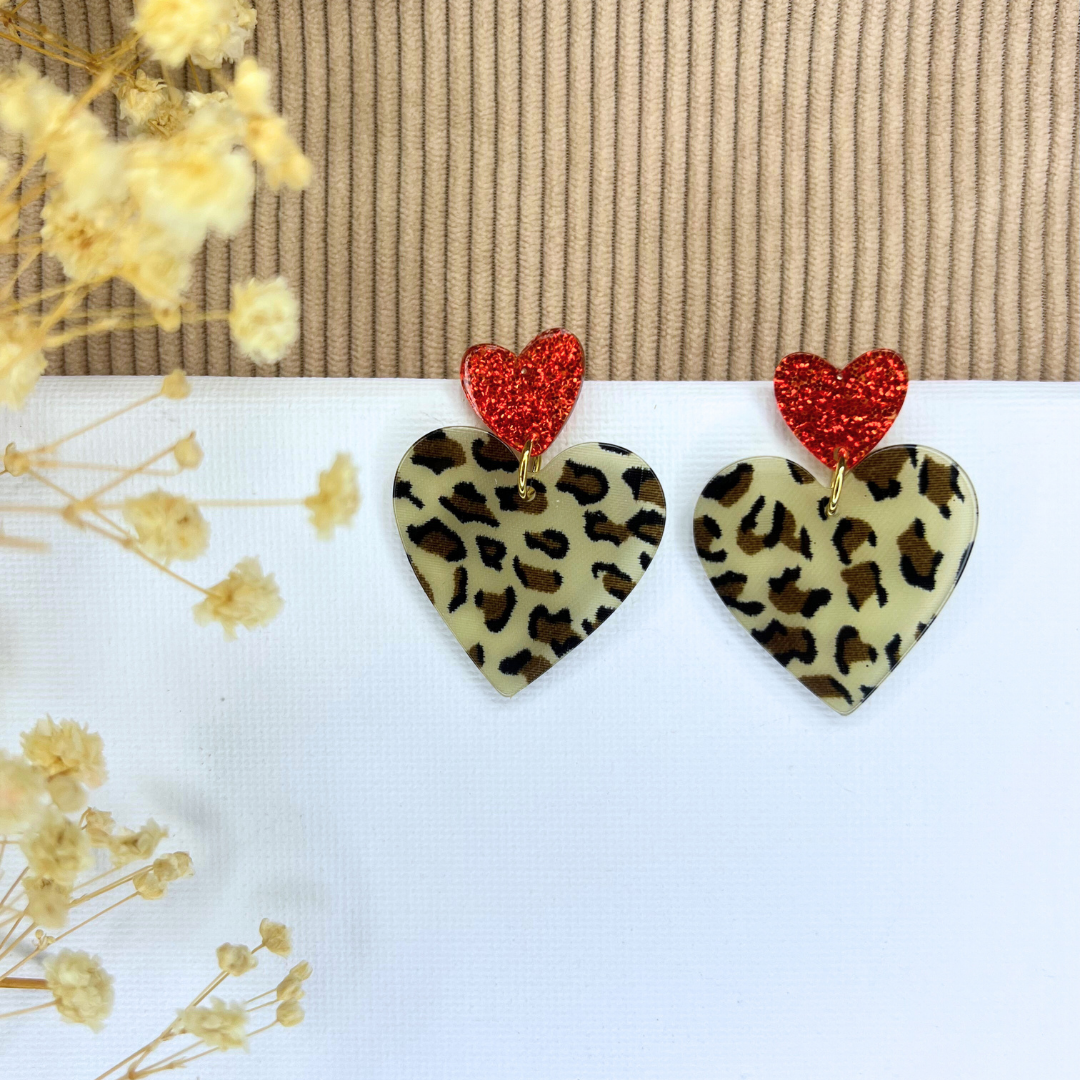 Boucles d'oreilles coeur léopard et rouge