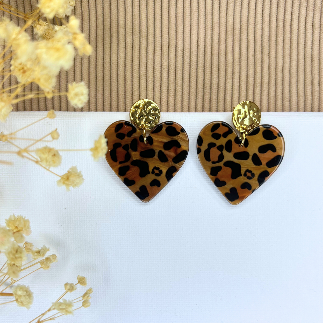 Boucles d'oreilles coeur léopard marron