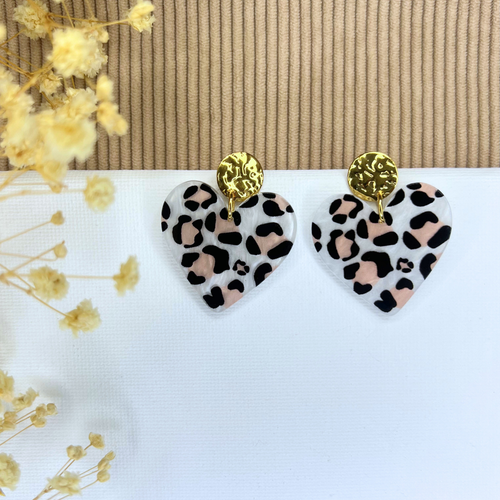 Boucles d'oreilles coeur léopard blanc