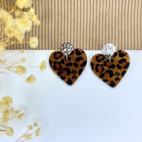 Boucles d'oreilles coeur léopard marron