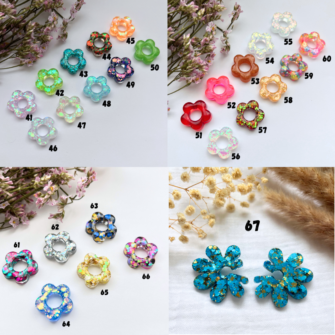 Boucles d'oreilles fleur en résine et paillettes pour femme, tendance, personnalisable avec + de 70 couleurs